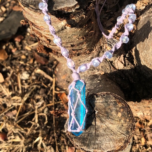Aqua Aura Quartz Macrame Beaded Necklace - Picture 8 of 8